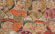 Detail of painting showing a crowd of men, focusing on their faces.